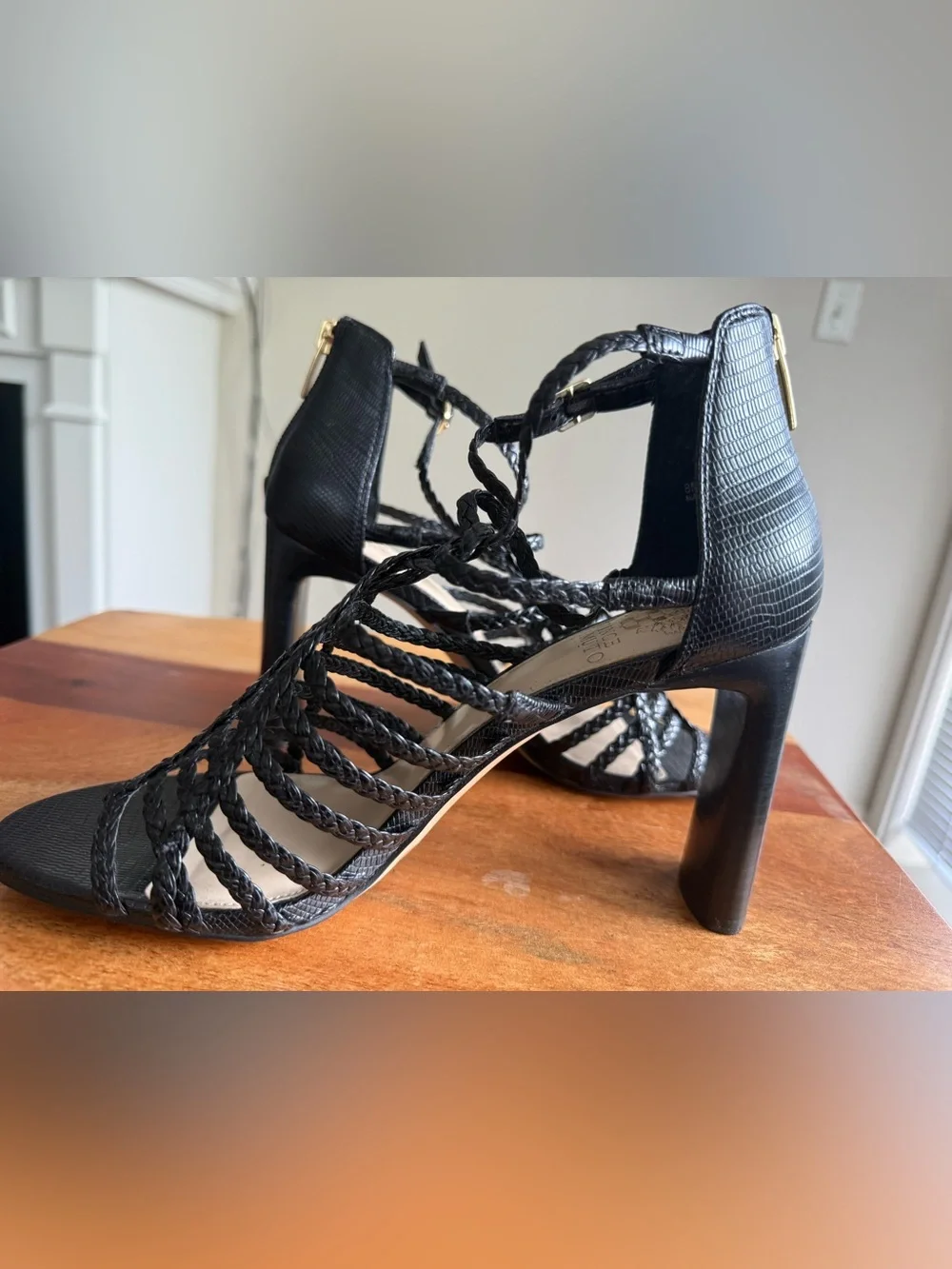 Vince Camuto Black Woven Strappy Block Heel Sandals Size 8